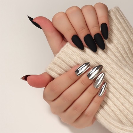 Patch nails, 12 pcs, with adhesive plates, the shape of the almonds, matte/chrome, black, silver-7