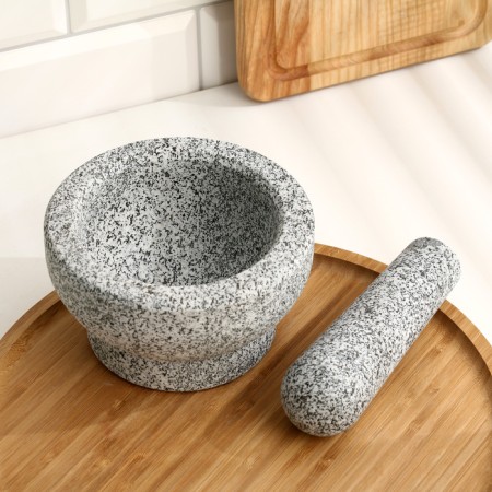 A mortar with a pestle made of stone is large, 450 ml, gray, in a box-7