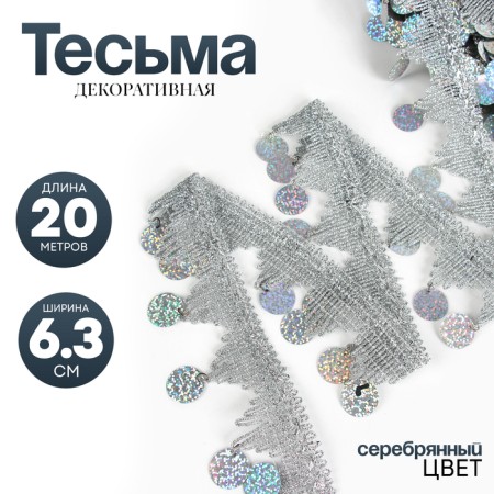 Braid with coins, holography, silver corners, in a roll 20 meters