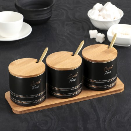 A set of ceramic cans for bulk products with spoons on a wooden stand “Sweet Time”, 3 objects: 300 ml, black color