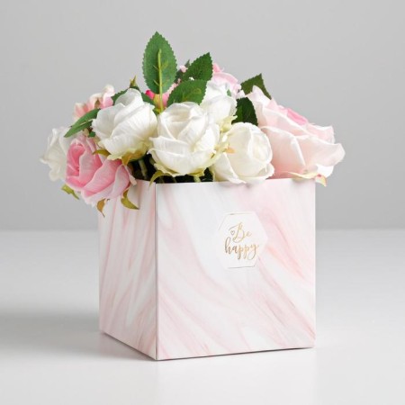 Gift box for flowers with PVC lid, packaging, “Be happy”, 12 x 12 x 12 cm-3