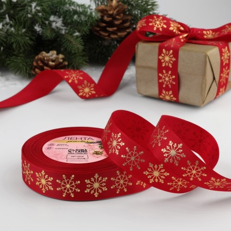 Republic tape with embossing "Snowflakes", 25 mm, 23 ± 1 m, red color/gold No. 1133