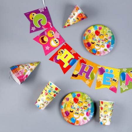 Set of paper dishes disposable emoticons ”: 6 plates, 1 garland, 6 glasses, 6 caps-3