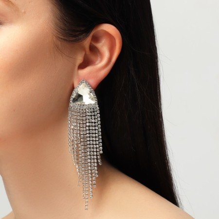 Hanging earrings with grace rhinestones large triangle, white color in silver, 11 cm-2