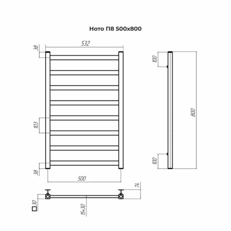 Terminus heated towel rail "Noto" P8, 500x800 mm, lower connection, chrome-3