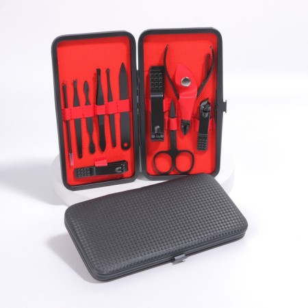 Manicure set, 11 items, in a case, in a cardboard box, black/red color-2