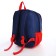 A backpack with a zipper, the color is blue/red