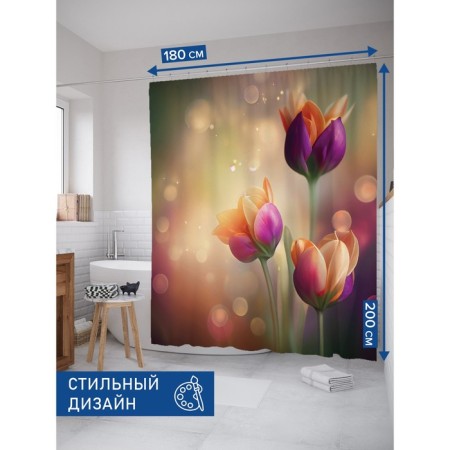Фотоштора для ванной «Утро с тюльпанами», сатен, размер 180х200 см-1