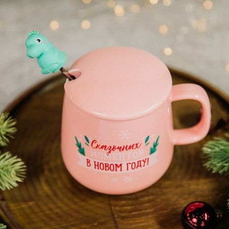 Ceramic mug with a spoon “Happy New Year!”, 350 ml, pink color-3