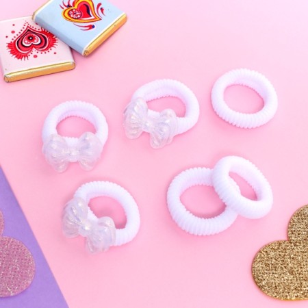 Hair gum "Tenderness" (set of 6 pcs) Double bow, 2 cm, white-1