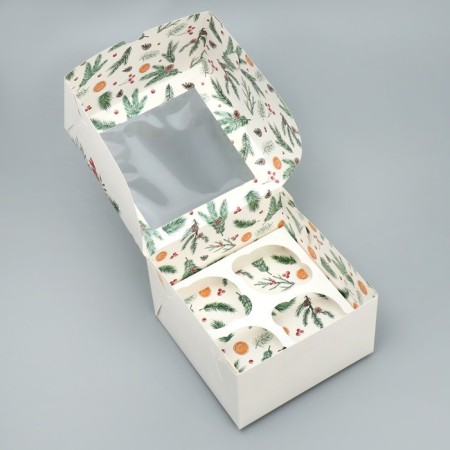 Capcake box folding with bilateral application "Wreath", 16 x 16 x 10 cm, New Year-3