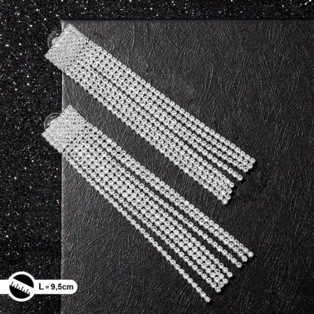 Hanging earrings with rhinestones "Waterfall" Square, white color in silver, 9.5 cm