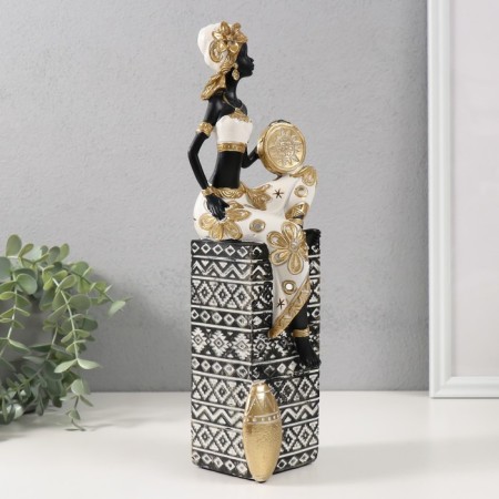 Polystone souvenir "African with a tambourine on a column with patterns" white-black, gold 10.5x9x32 cm 10325-1