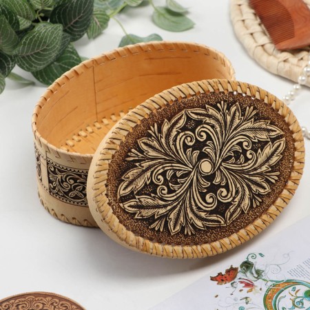The box "pattern", large. oval, 18.5x13x8 cm, birch bark-1
