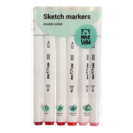 Meshu bilateral markers for sketching, 6 colors (pink colors)
