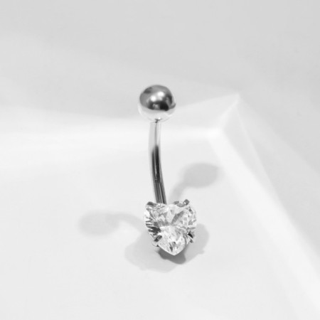 Piercing in the navel "banana" heart, l = 2 cm, white color in silver
