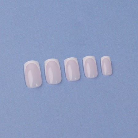 Classic French overhead nails, 24 pcs, with adhesive plates, soft square shape, pale pink/white color-5