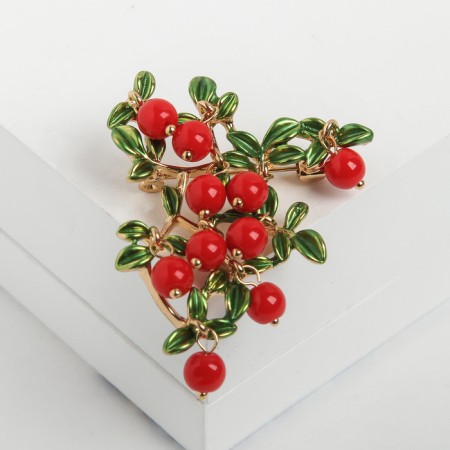Brooch "Coral Branch", red-green color in gold