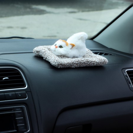A toy on a car panel, a cat on a pillow, a white-red color-3