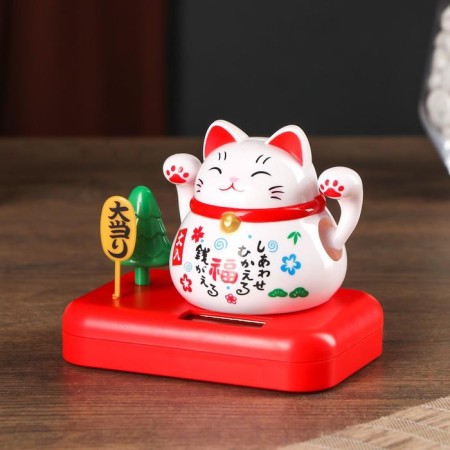 Plastic pendulum from the solar battery "Cat Mani-Neko with a tree" White 8x10x6 cm-2