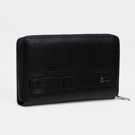 Male purse with zipper, department for bills, for maps, for coins, black color-1