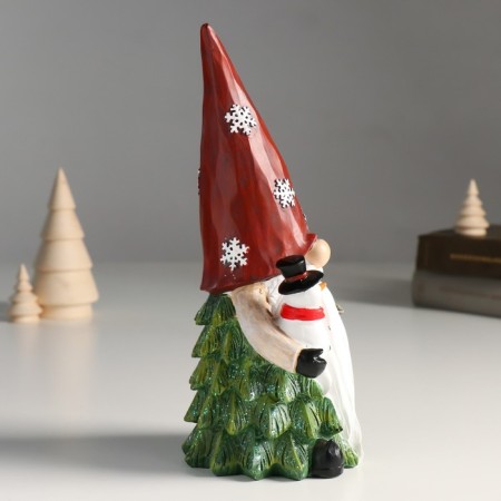 Suvenir Polystone "Santa Claus in a cap with snowflakes, with a bag and a snowman" 10x8x23 cm-1