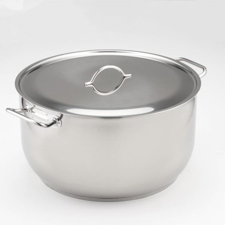 The pan is whole, 35 l, d = 45 cm, the capsule bottom, with a heat distribution layer, a metal cover