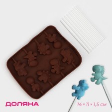 The shape for the candies of the Dino is “Dino”, silicone, 14 × 11 × 1.5 cm, 8 cells, with sticks, brown color