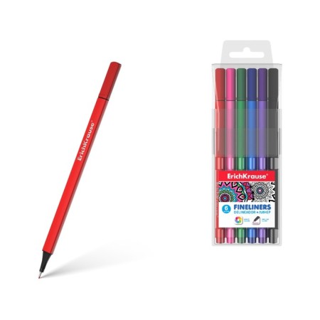 A set of capillary pens 6 colors, 0.4 mm, Erichkrause, a line 0.4 mm, a trihedral case, a needle node, a blister