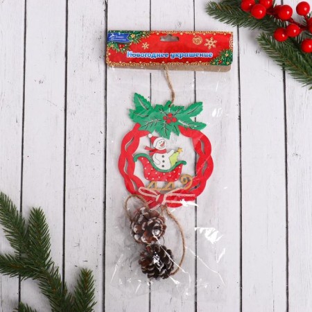 Christmas tree decoration "Christmas wreath with cones" a snowman in a sled 10x23 cm-1