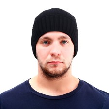Knitted hat, with a lapel, on a fleece, a large scar, black