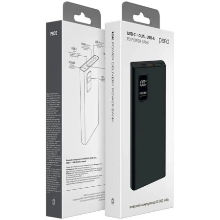 External Pero PB05, 10,000 mAh, 2 USB, 5 A, display, black-6