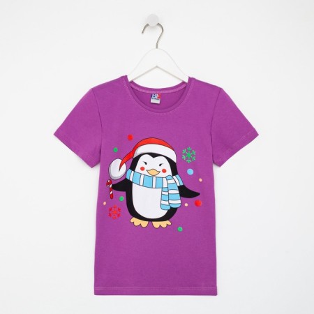 Children's T -shirt, purple color/penguin, height 134 cm