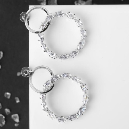 Earrings with rhinestones "Flash" two circles, white color in silver-1