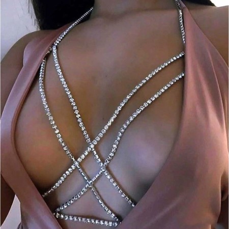 Erotic accessory on the chest with rhinestones, white