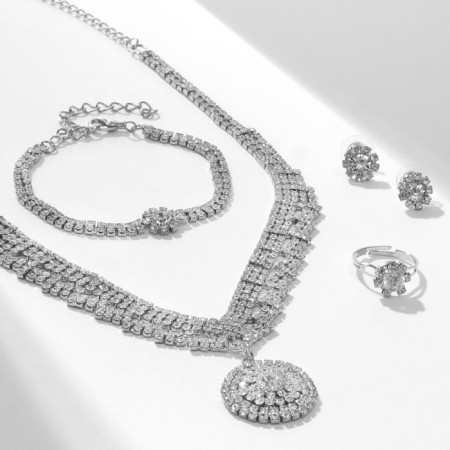 Set 4 objects: earrings, necklaces, bracelet, ring "grace" circles, white color in silver