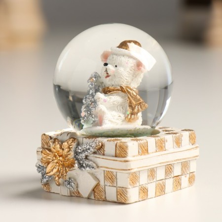 Souvenir Polystone Water Ball "White Misha with a Christmas tree in a gift" Gold/silver 4.5x4x6.5 cm-3
