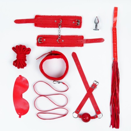 Erotic bdsm set of oka-hips, metal, leather, set of 8 objects, red-1
