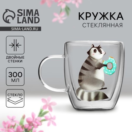 Glass mug with double walls "Raccoon", 300 ml