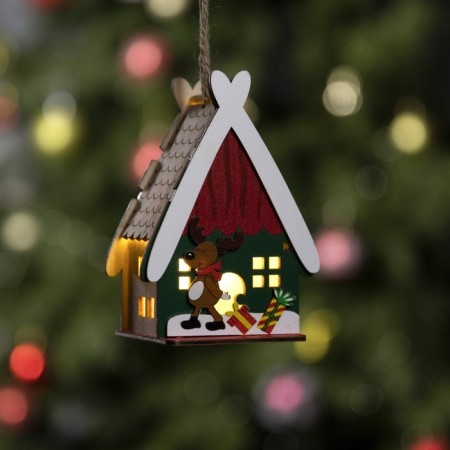 Christmas tree toy "House with a deer", from batteries, a glow of warm white