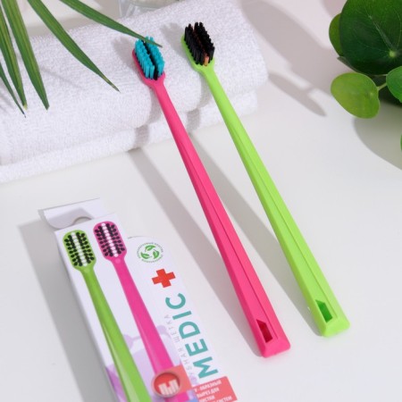 Medic toothbrush for bracket systems, biodegradable, green + pink, 2 pcs.-2