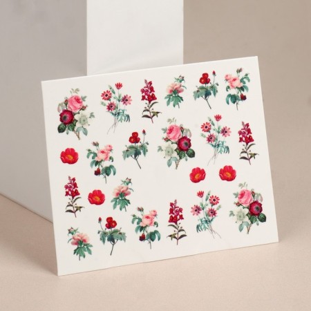 Slider - nail design "Flowers", packing 6 pcs, green/red/pink/burgundy color