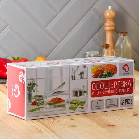 Vegetable engine - Shinkovka with interchangeable nozzles and a shares container, 6 nozzles, 14 × 12.5 × 38.1 cm, white, green color-12