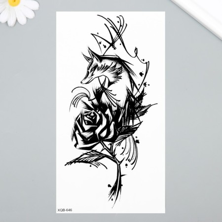 Tattoo on the body Black "Fox with rose" 11.5x21 cm