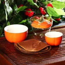 A set for the tea ceremony ceramic “pumpkin”, 5 items: Gayvan 200 ml, a small bowl 60 ml, a large bowl 210 ml, rag, bag, dishes for Halloween, Orange color