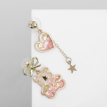 Earms enamel "Bear" and heart, romance, white-pink color in gold-1