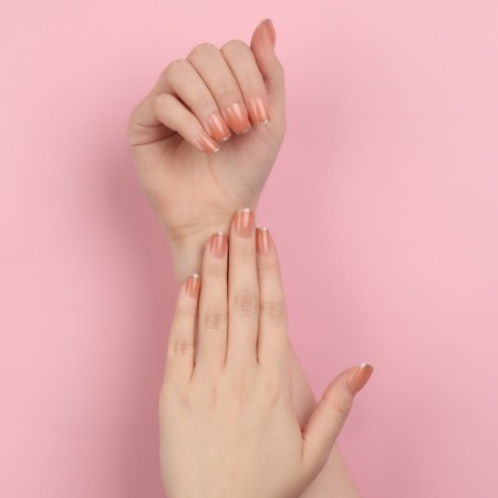 Nude overhead nails, 12 pcs, with adhesive plates, with sparkles, shape is a soft square, the color is light - beige-10