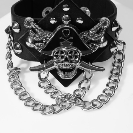 Bracelet Skin "Skull" pirate, black color with silver, 21 cm-3