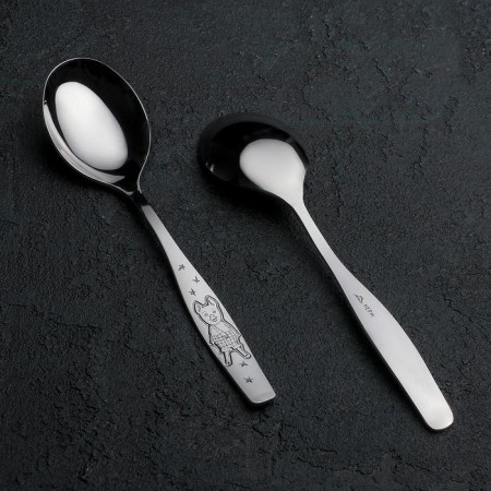 Spoon of children's dining room "Antoshka", length = 16 cm, thickness 2 mm, silver color