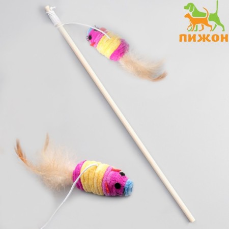 Teaser with a terry mouse (7 cm) on a wooden stick, 40 cm, mix of flowers